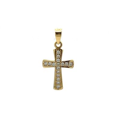Gewölbtes Kreuz klein mit Zirkonia aus 14 kt Gold