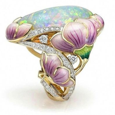 Niedlicher Zirkonia und Lab Opal Blumen Damen Ring (DR114)