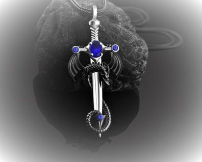 Wunderschöne Drachen mit Schwert Kette mit blauen Zirkonia Steinen(DK304)