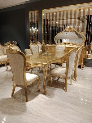 Klassisch Esstisch + 6x Stühle + Anrichte mit Spiegel Gold Holz Kommode Neu