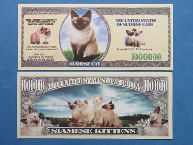 2 x 1 Million Dollar Souvenier Schein Siamese Katze (SK125)