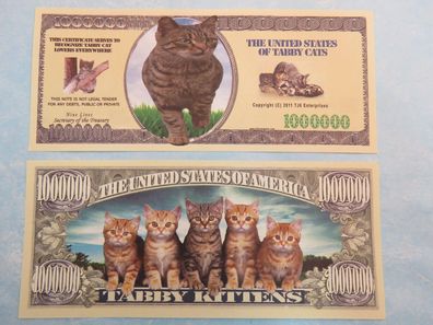 2 x 1 Million Dollar Souvenier Scheine Schein Tabby Cats (TC129)