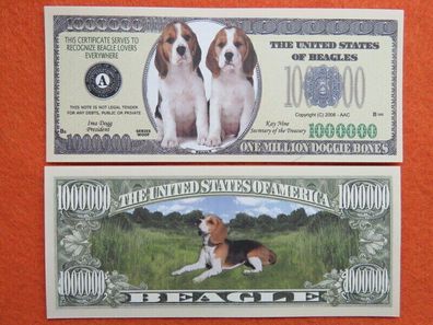 2 x 1 Million Dollar Souvenier Scheine Beagle Hund(BH135)