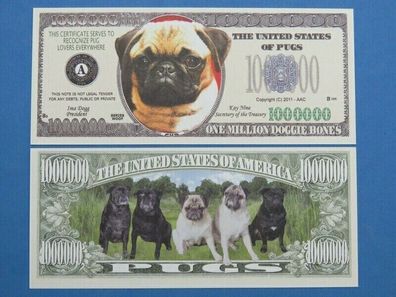 2 x 1 Million Dollar Souvenier Scheine Pugs Hund (PH136)