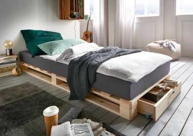 Palettenbett Bett 90x200 mit Schubkasten Kiefer Weiß