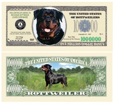 2 x 1 Million Dollar Souvenier Scheine Rottweiler Hund (RH131)