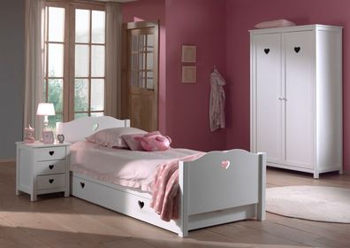 Einzelbett, Bettschublade, Nachtkonsole und Kleiderschrank Set Amori MDF Weiß