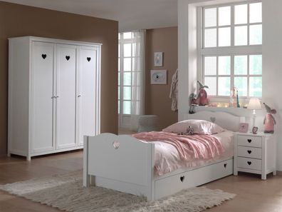 Einzelbett mit Schublade Nachtkonsole und Kleiderschrank Set Amori MDF Weiß