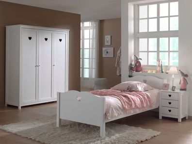 Einzelbett Nachtkonsole und Kleiderschrank Set Amori MDF Weiß