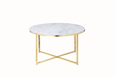 Tisch Couchtisch Durchmesser 80 cm Metall und Glas Gold/ Weiß
