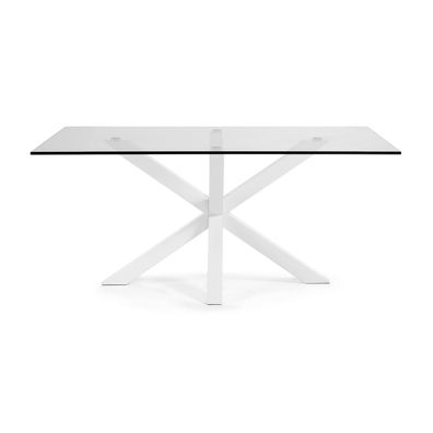 Tisch Argo 180 x 100 cm mit Glasplatte und weißen Stahlbeinen