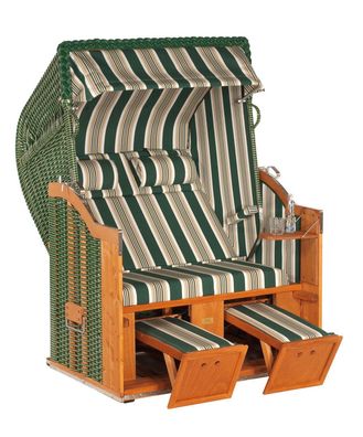 Classic Strandkorb Halbliegemodell 2-Sitzer Grün mit beigen Nadelstreifen
