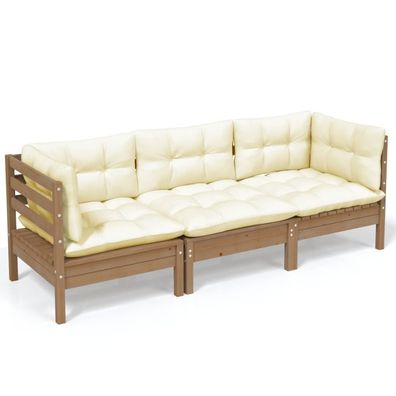 3-Sitzer Gartensofa aus Brauner Kiefer mit Cremeweißen Kissen