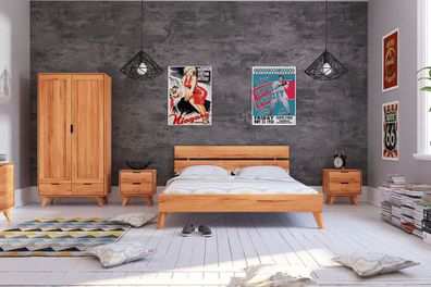 Bett Gerg 2 aus Kernbuche massiv 200x200 cm mit Holzkopfteil und Holzbeinen