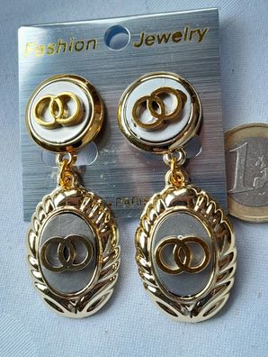 Ohrringe Ohrclips gold silber Hänger 2 Ringe verziert 5,5 cm schic !! kein Ohrloch