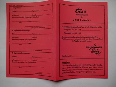 ABE Betriebserlaubnis Ciao Vespa L Mofa Fahrrad Hilfsmotor Datenblatt