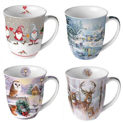 1 Kaffeebecher Weihnachten Winter Wichtel Eule Hirsch Tiere Henkelbecher Tasse Schnee