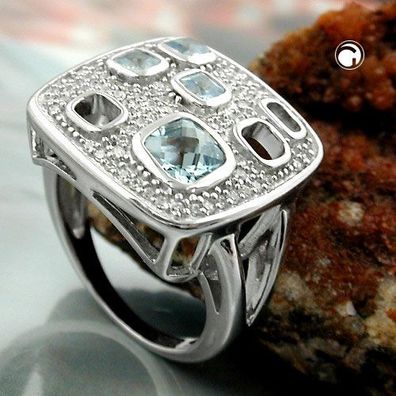 Ring 18mm Viereck Zirkonias aqua weiß glänzend rhodiniert Silber 925