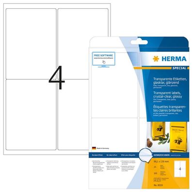 HERMA 8019 Wetterfeste Folien-Etiketten DIN A4 transparent (99,1 x 139 mm, 25 ...