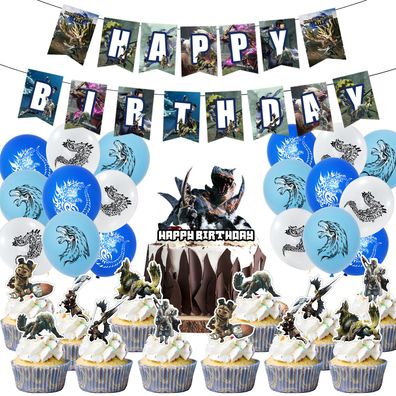 Spiel Monster Hunter Party Set mit Ballons Kuchenkarte für Kinder Geburtstag Feiern