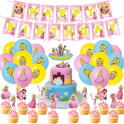 Mario Princess Peach Party Set mit Ballons Kuchenkarte für Kinder Geburtstag Feiern