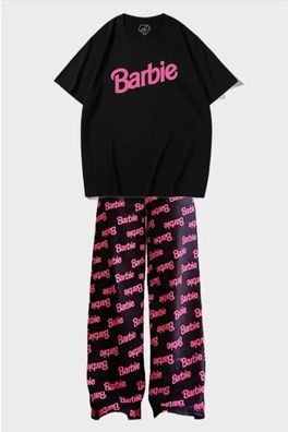 Pyjama-Set für Damen, Barbie-Bedrucktes Oversize-T-Shirt Trainingsanzug Weitem Bein