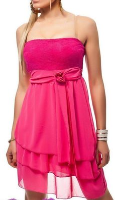 SeXy Miss Damen Bandeau Mini Kleid Volant Chiffon Spitze Gürtel 34/36/38 pink