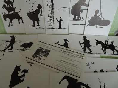 14 alte Grußkarten Danwas Chemnitz s/ w von Behinderten gemalt Märchen
