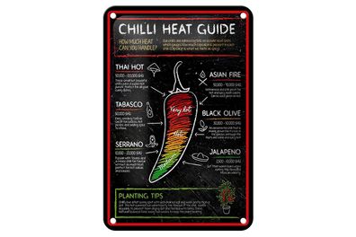 Blechschild Essen 12x18 cm Chilli heat guide asian fire thai Deko Schild