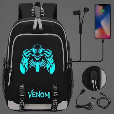 Jungen Venom Spiderman Merch Schultasche Blau Noctilucent Rucksack USB-Lade Backpack
