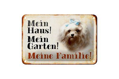 Blechschild Hund 18x12 cm Malteser mein Haus Garten Familie Deko Schild
