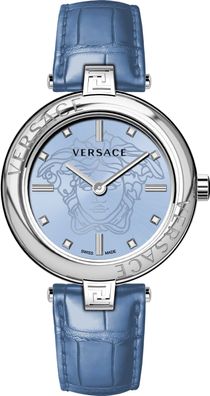 Versace VE2J00121 New Lady silber blau Leder Armband Uhr Damen NEU