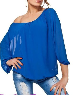 Sexy Miss Damen Chiffon Carmen Long Bluse Shirt Fledermaus Arm 34/36/38 Top Blau