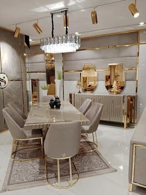 Luxus Esszimmer Set Esstisch + 6x Stühle + Anrichte mit 2x Spiegel Neu Set