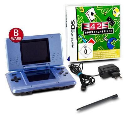 DS Konsole in Metallic Hellblau #60B + ähnl Ladekabel + Spiel 42 Spieleklassiker