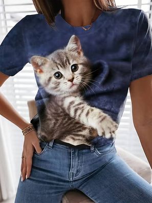 T-Shirt mit Rundhalsausschnitt und 3D-Katzendruck, lässige, lockere Kurzarm-Sommer-T-