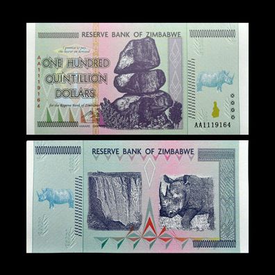 One Hundred Quintillion Dollar with Fluorescence Banknote Zimbabwe Bankfrisc(Zimb600)