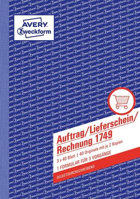 AVERY Zweckform 1749 Auftrag/ Lieferschein/ Rechnung Kombinationsbuch (A5, 3x40 ...
