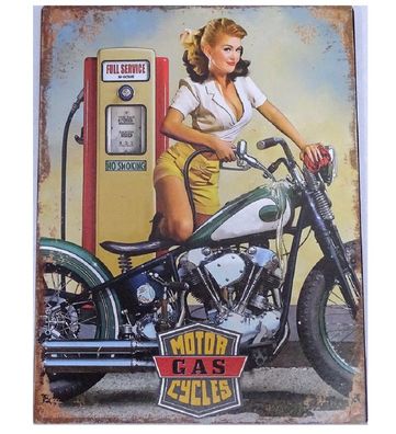 Blechschild, Reklameschild, Wandschild, Motor Gas Cycles Pin Up Girl 33x25 cm