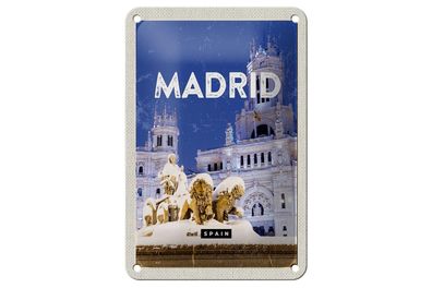 Blechschild Reise 12x18 cm Madrid Spanien Winter Nacht Trip Schild
