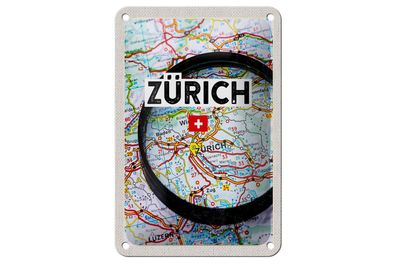 Blechschild Reise 12x18 cm Zürich Schweiz Karte Lupe Stadt Deko Schild