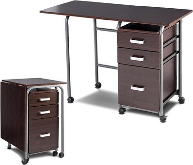 Klappbarer Computertisch mit 3 Schubladen und Rollen, Schreibtisch mit Metallrahmen