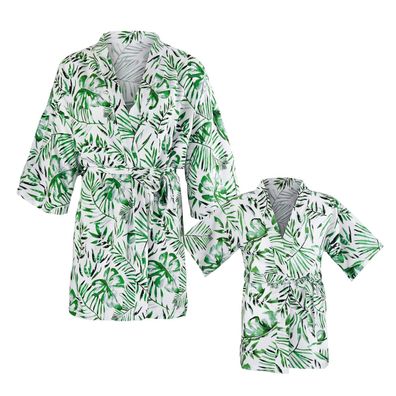 Kimono wild palms weiß mit botanischem Design im Set Mini Me Mama und Tochter
