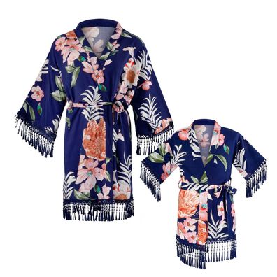 Kimono paradise dunkelblau mit floralem Design im Set Mini Me für Mama Tochter