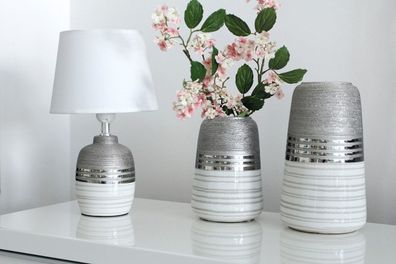 GILDE Vase, "Lavena", gestreift, Keramik, grau, weiß, , L. 15 cm, B. 15 cm, H. 25 ...