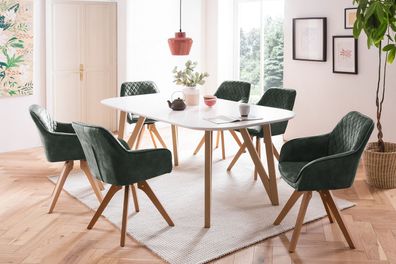 Essgruppe 5-tlg. Tisch 180x90 aus MDF Weiß + 4 Stühle aus Samtvelours Dunkelgrün
