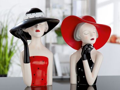 Gilde Figur Lady mit rotem Hut schwarzes Kleid mit weißen Punkten, handbemalt 37194