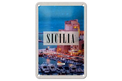 Blechschild Reise 12x18 cm Sizilien Nacht Ausblick auf Ufer Boot Schild