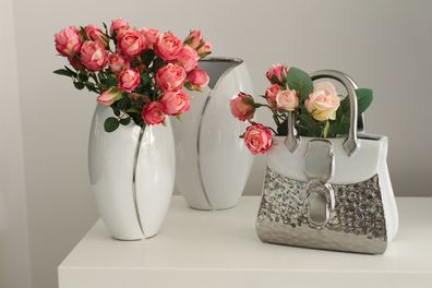 GILDE Vase, Handtasche, "Flores", Keramik, silberfarben, weiß, , L. 11 cm, B. 19 ...