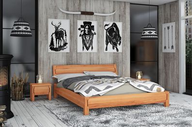 Bett Boli aus Kernbuche massiv 180x200 cm mit Holzkopfteil und Holzbeinen
